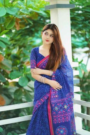 প্রিমিয়াম এম্বয়ডারী এবং সুতার কাজ করা শাড়ি সাথে রানিং ব্লাউস পিস থাকবে (Code PBS213)