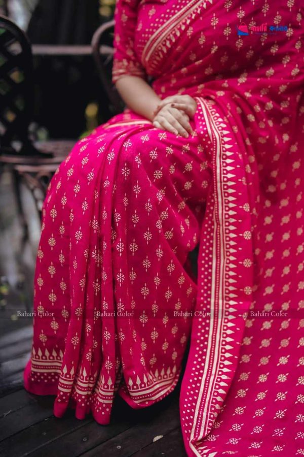বাহারি প্রিমিয়াম কোটা কটন শাড়ি | কাঠ ব্লক প্রিন্টের অনন্য সৌন্দর্য! (Code-608) - Image 3
