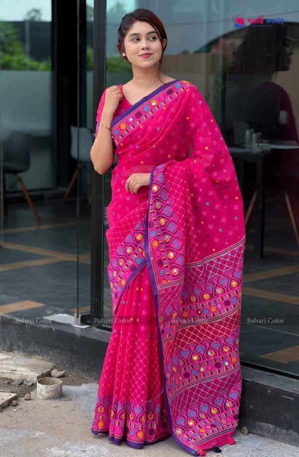 প্রিমিয়াম বুটিক শাড়ি, এম্বয়ডারী এবং সুতার কাজ করা সাথে রানিং ব্লাউস পিস থাকবে (Code PBS222) - Image 4