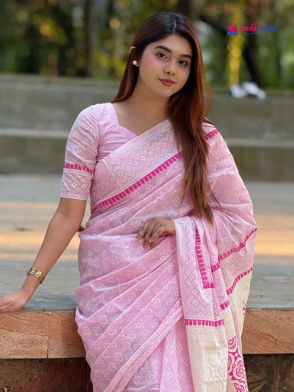 বাহারি প্রিমিয়াম কটন শাড়ি - সাথে ম্যাচিং ব্লাউজ পিস ফ্রি! (Code-614)