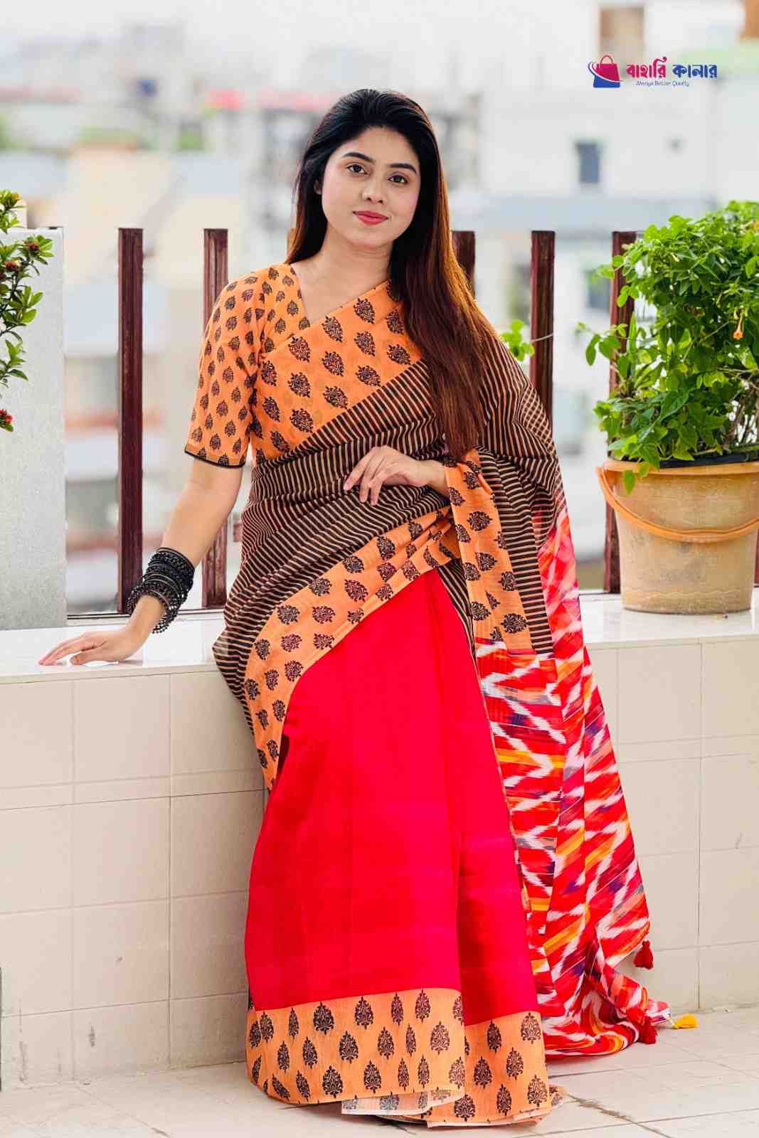 বাহারি কালারের স্টাইলিশ ও এলিগ্যান্ট ডিজিটাল প্রিন্টেড মিক্সড কটন শাড়ি (কোড: 433) - Image 3
