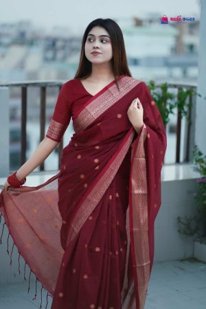 বাহারি দেশীয় সফট কটন সুতি শাড়ি - সুতার কাজের অনন্য সৌন্দর্য! (কোড: 615)