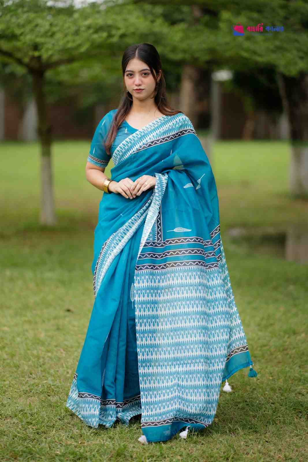 বাহারি কালারের স্টাইলিশ ও এলিগ্যান্ট ডিজিটাল প্রিন্টেড মিক্সড কটন শাড়ি (কোড: 437) - Image 3