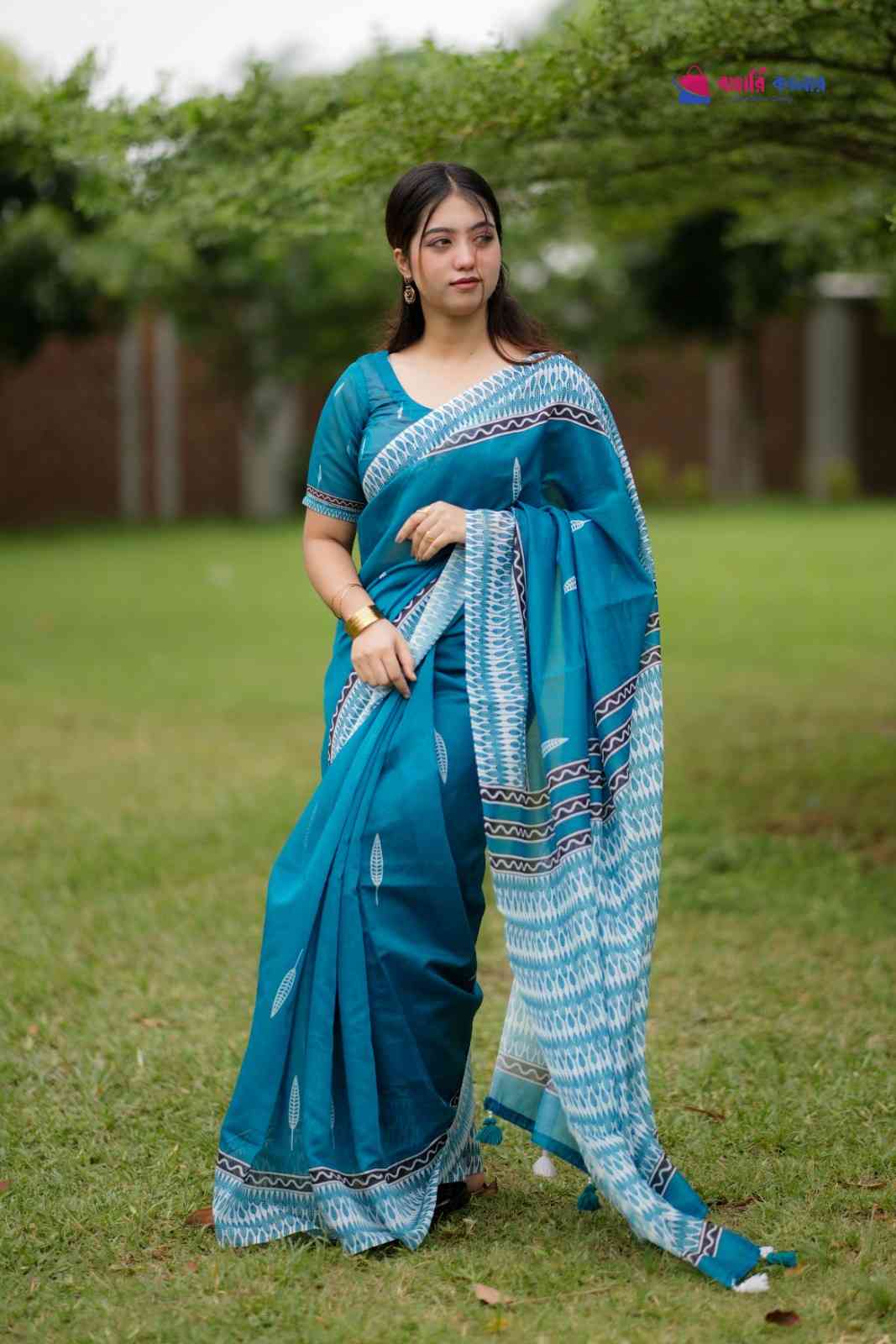 বাহারি কালারের স্টাইলিশ ও এলিগ্যান্ট ডিজিটাল প্রিন্টেড মিক্সড কটন শাড়ি (কোড: 437) - Image 4